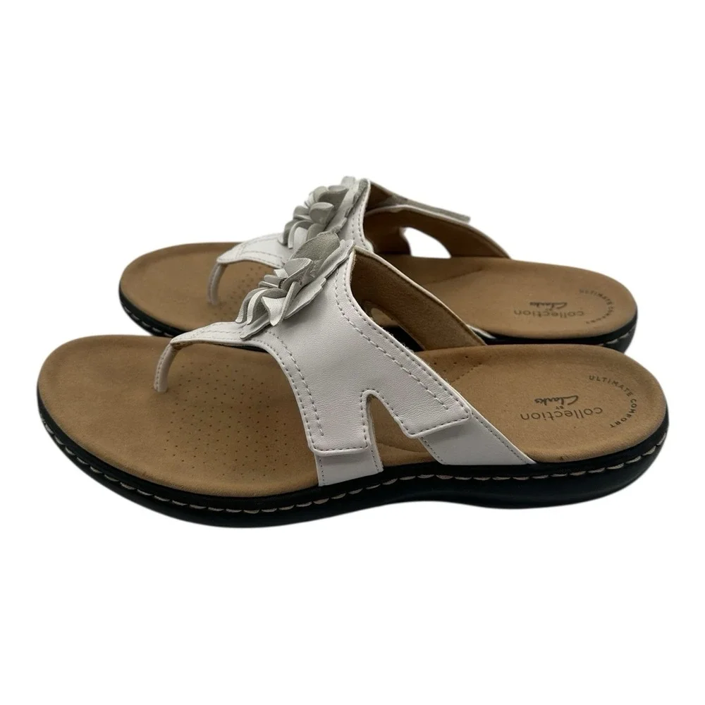 Clarks Laurieann Gema Sandals Women Sz 10 M White Floral Strappy Thong Flip Flop